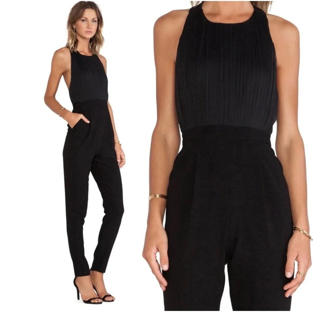 E1 Alice + Olivia Black Pleated Open Back Sleeveless Jumpsuit Size 0 - Picture 2 of 12